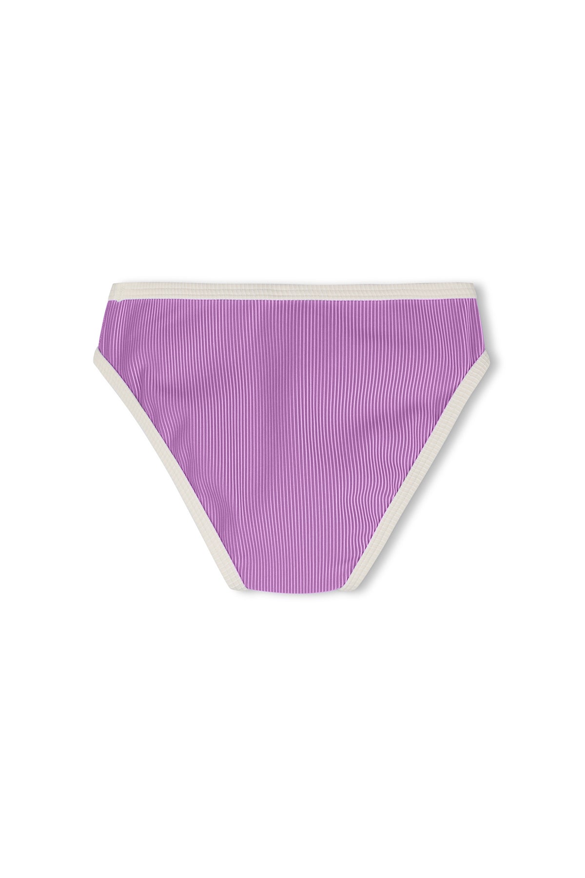 Purple mini stripe bikini bottom with cream contrast trim, back view flat-lay