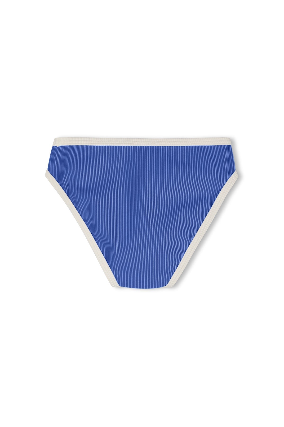 Blue ribbed mini bikini bottom with cream contrast trim, back view flat-lay