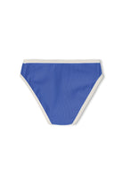 Blue ribbed mini bikini bottom with cream contrast trim, back view flat-lay