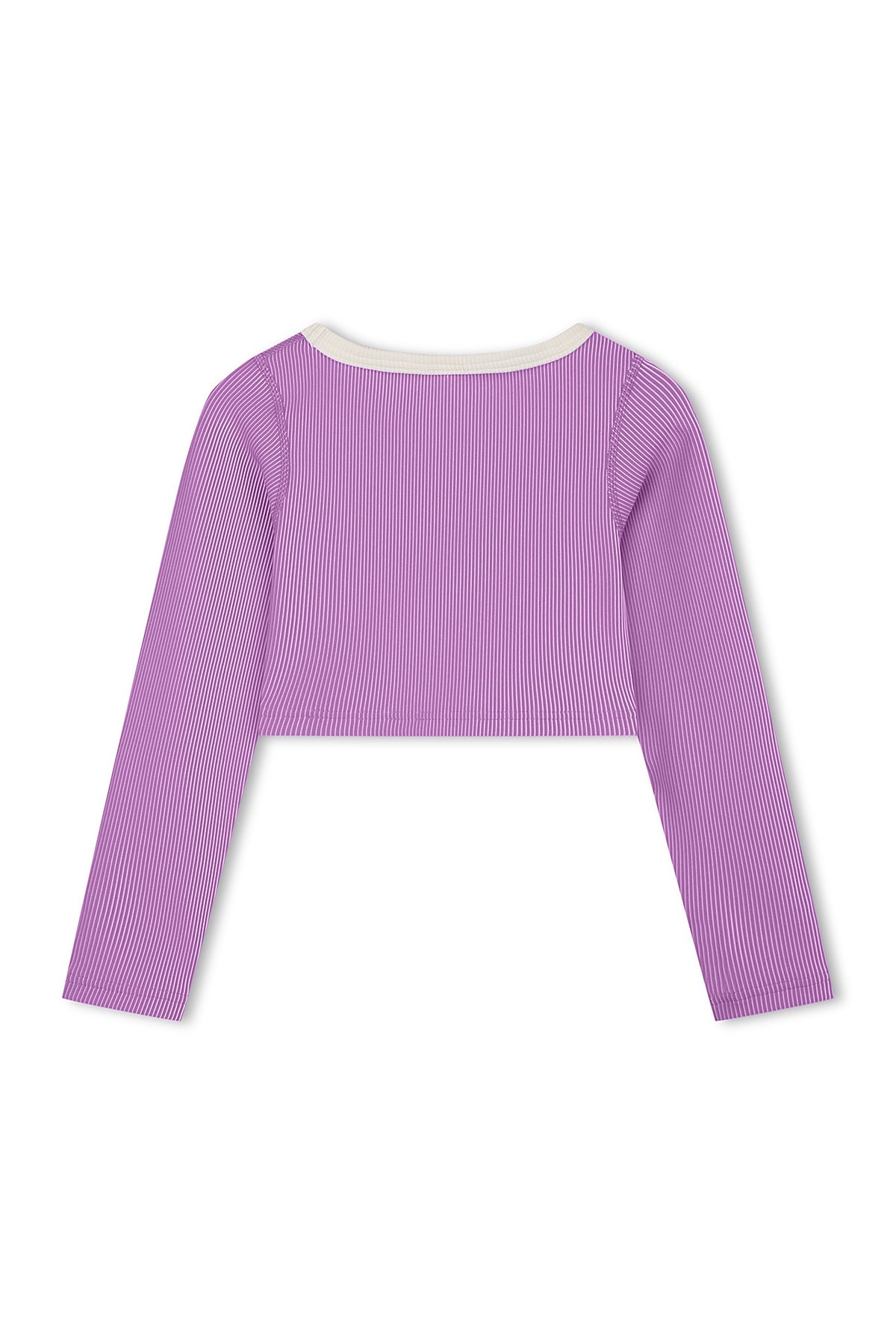 Purple and white mini stripe crop rashie with long sleeves and contrast cream neckline, back view