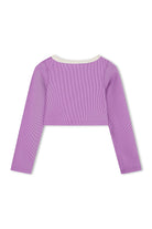 Purple and white mini stripe crop rashie with long sleeves and contrast cream neckline, back view