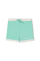 Front view of kids aqua and white mini stripe surf shorts with drawstring waist and contrast trim