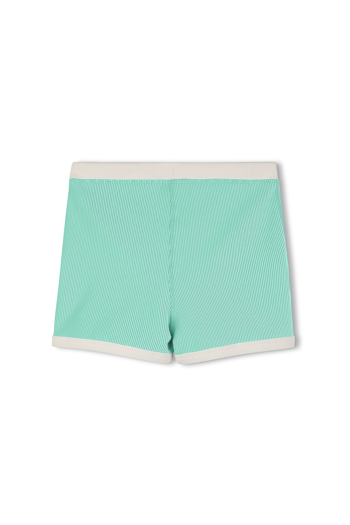 Back view of kids aqua and white mini stripe surf shorts with ribbed texture and contrast waistband and hem