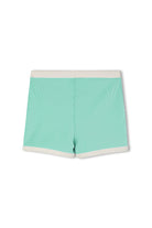 Back view of kids aqua and white mini stripe surf shorts with ribbed texture and contrast waistband and hem