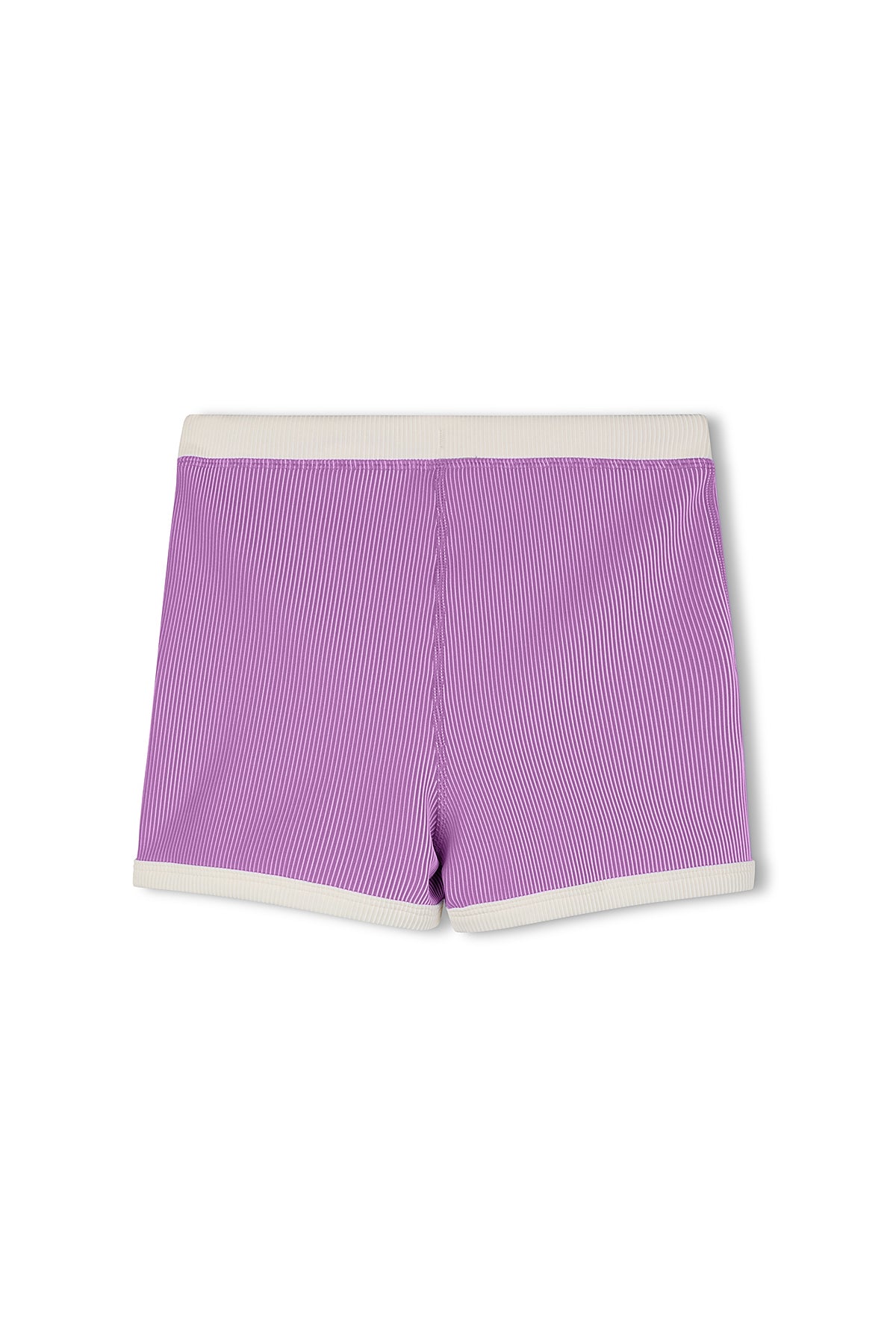 Purple and white mini stripe surf shorts with cream waistband and hem trim, back view