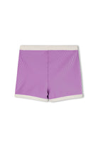 Purple and white mini stripe surf shorts with cream waistband and hem trim, back view