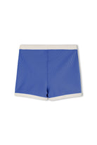 Blue and white mini stripe kids surf shorts with cream waistband, back view flat lay