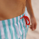 close up details of Mint Flare Swim Shorts by Swim Shady with red drawcord