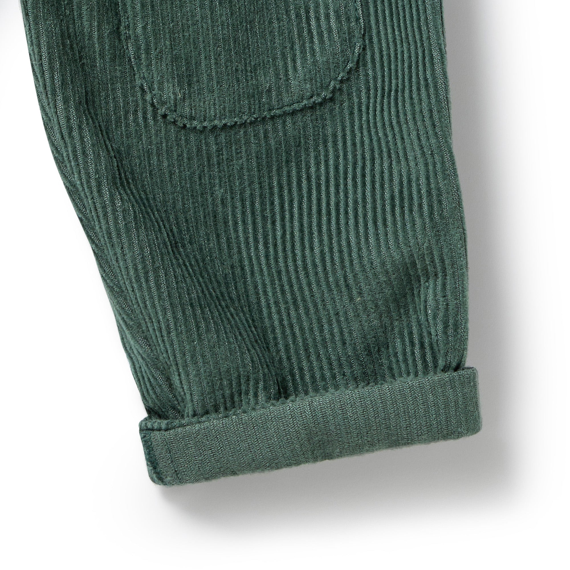 Cuffed ankle detailing close up on the Moss Green Organic Cord Pant | Wilson + Frenchy