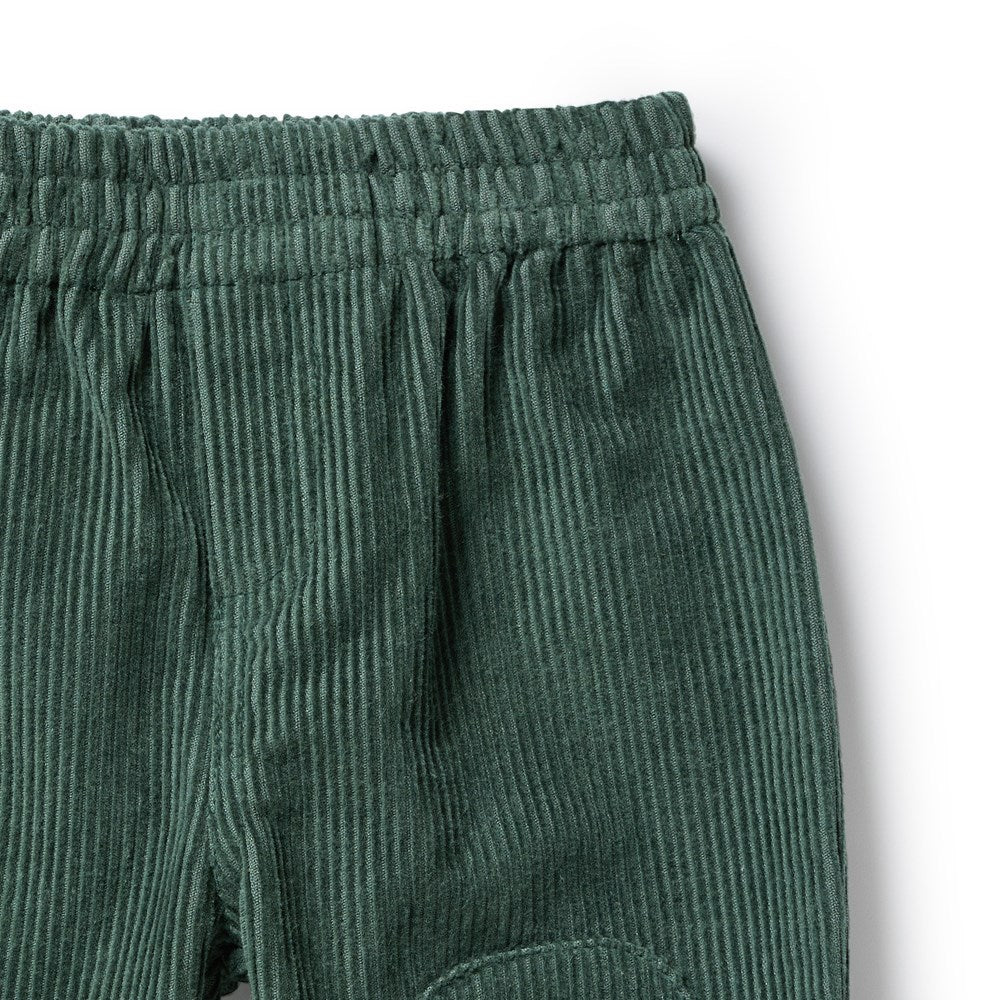 Waist and fabric detailing close up of teh Moss Green Organic Cord Pant | Wilson + Frenchy