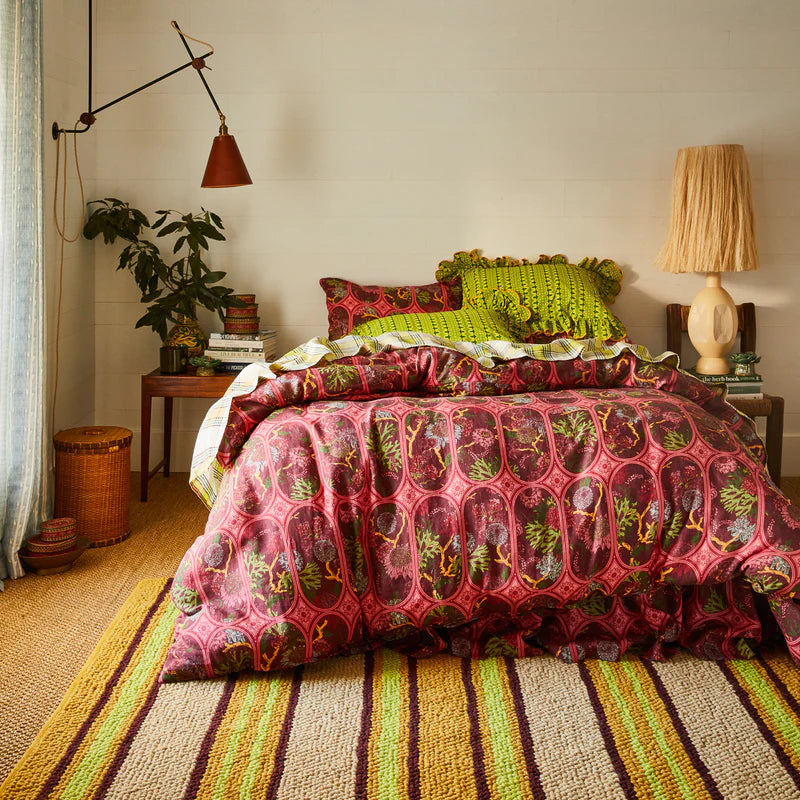Red & Burgundy Linen Doona cover by Sage & Clare with floral print