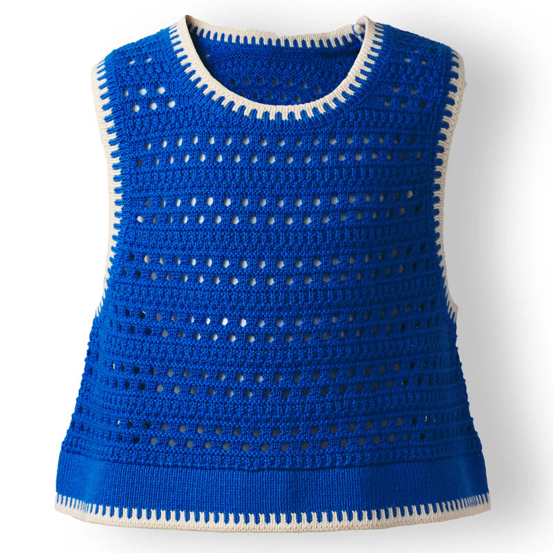 Natalina Kids Knit Top Azure by Sage & Clare - blue knit top with white detailing around neckline, armholes and waist