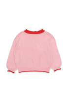 Back view of pink Neve Knit sweater showing plain reverse side with red contrast neckline