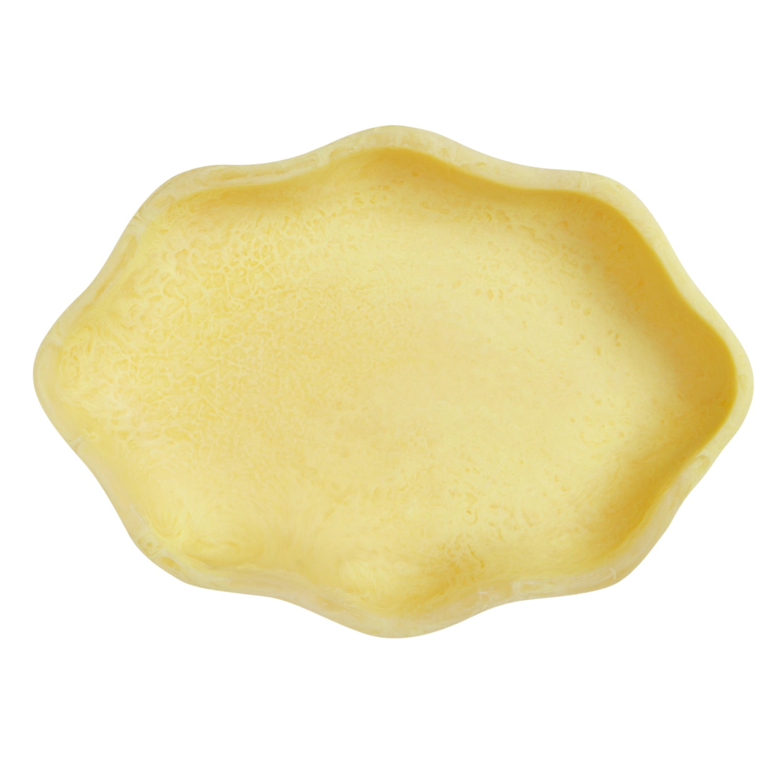 Overhead view of the Aspen Gold Nicole Serving Dish revealing the wavy edge and textured yellow resin interior