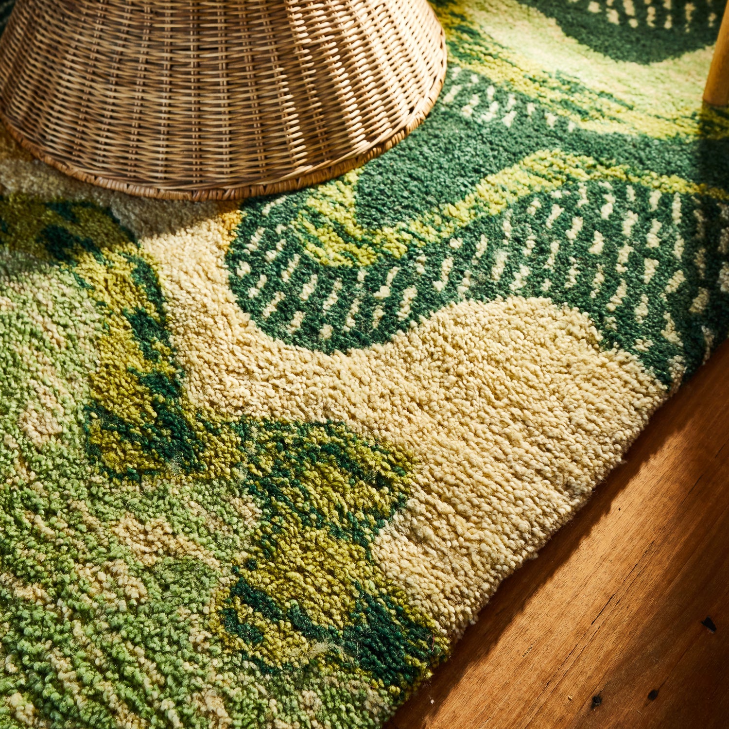 certified New Zealand wool rug in green tones