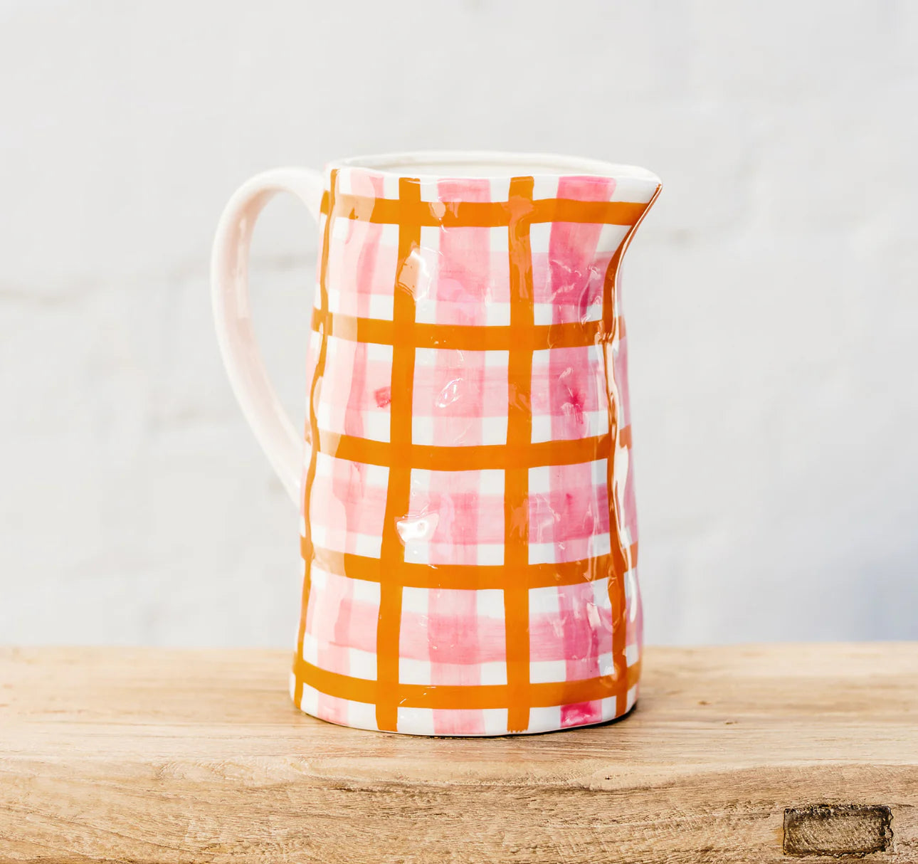 Pink and orange gingham print medium sized jug from Noss and Co