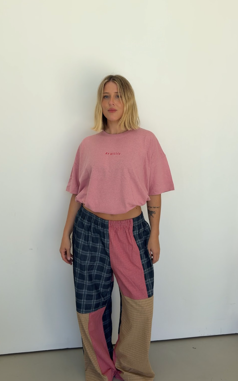Front view of Olive Checkerboard Pant featuring mixed pattern panels and relaxed fit styling