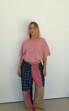 Front view of Olive Checkerboard Pant featuring mixed pattern panels and relaxed fit styling