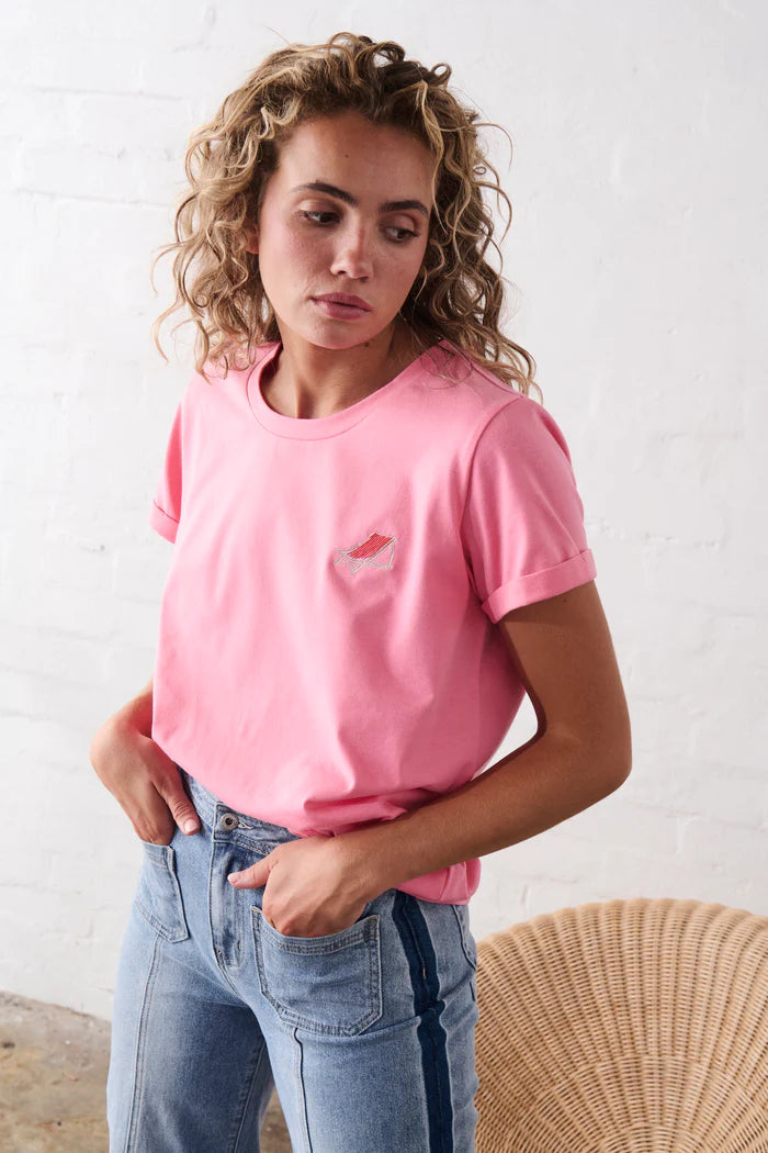 model wearing Olivia Tee Sun Lounge – Soft Pink by Kireina