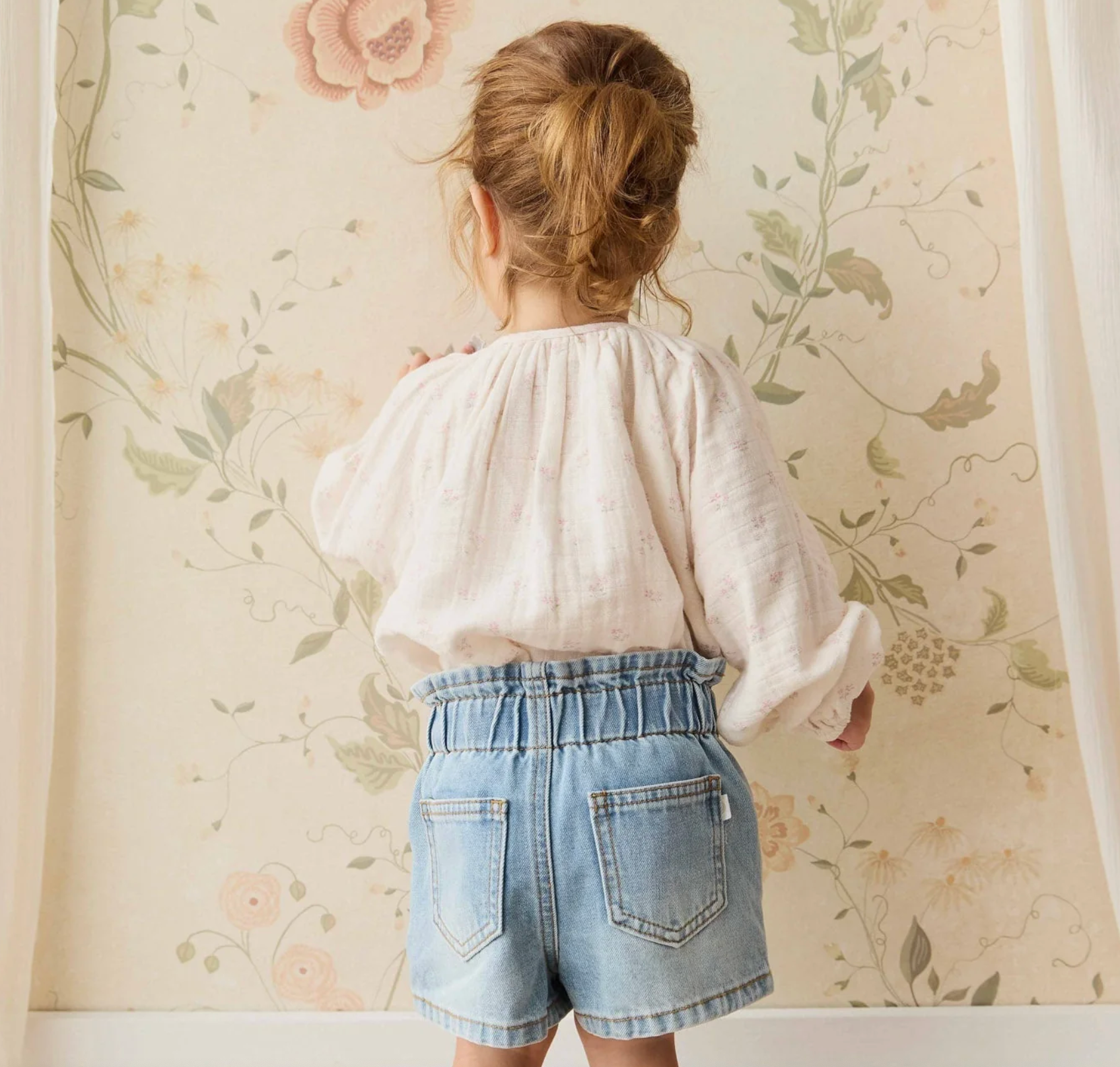 Back view of young girl wearing the Organic Cotton Muslin Heather Blouse - Pauline Pink | Jamie Kay