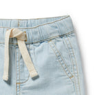 Close up of draw string waist detailing on the Organic Denim Long Short | Wilson + Frenchy