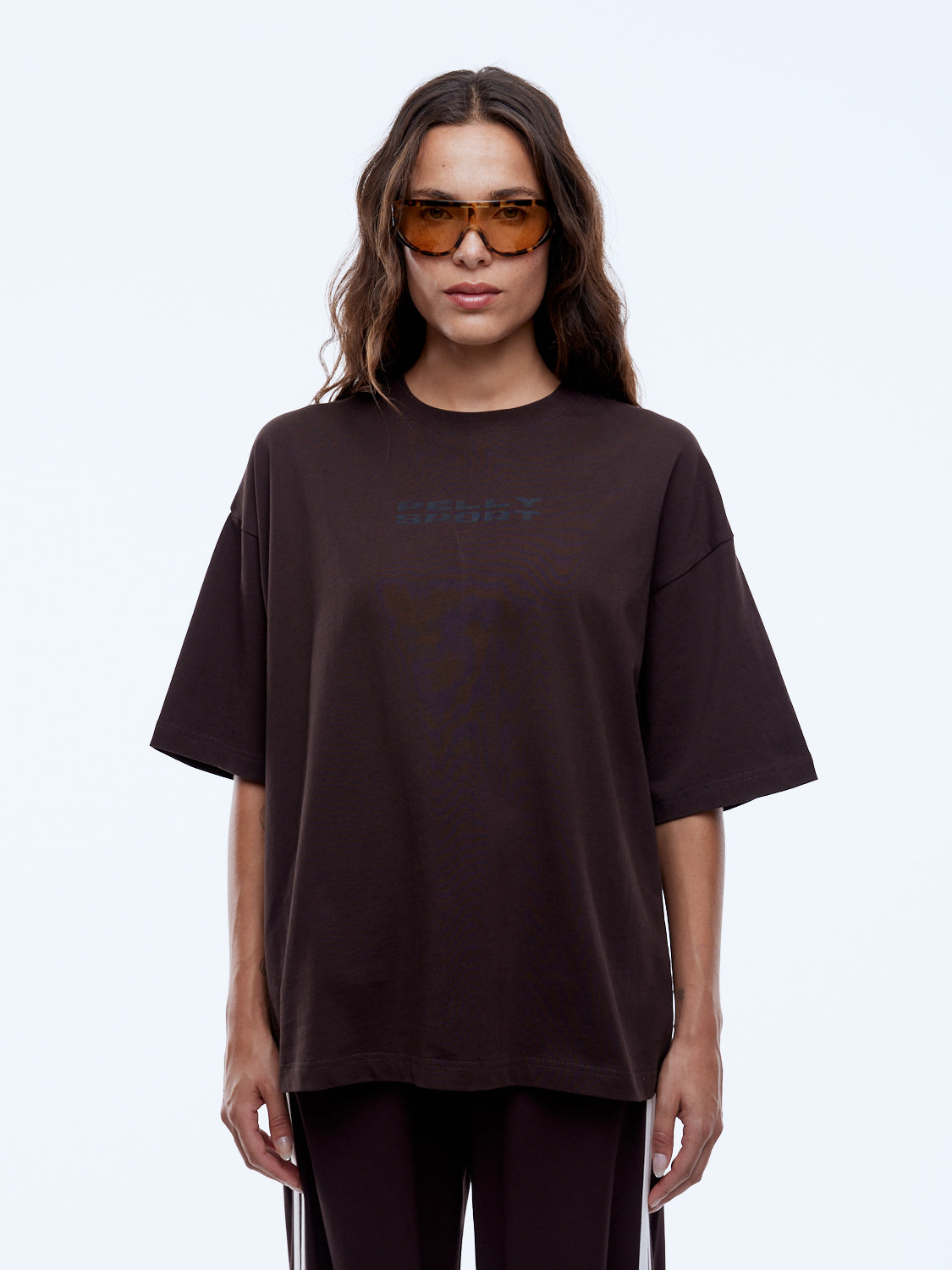 Front view of Sport Star Tee in washed cocoa showing oversized cut and crew neckline