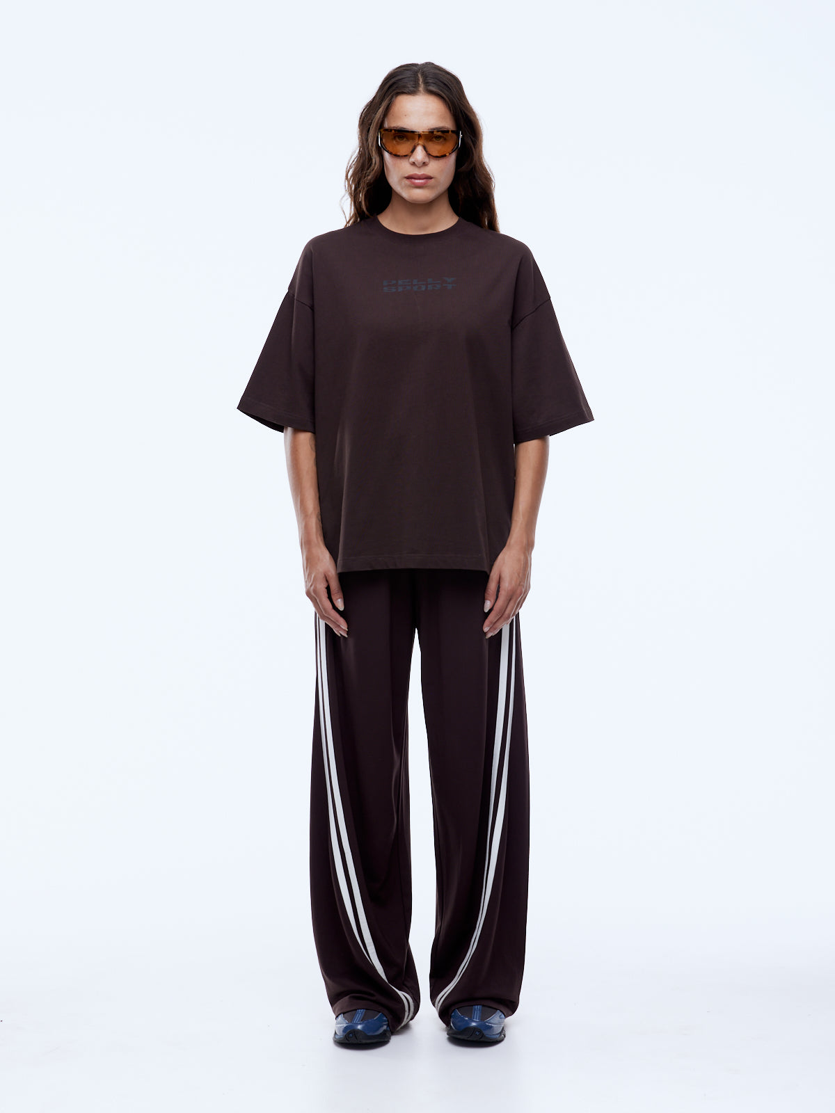 Full front view of Pelly Sport Star Tee in washed cocoa brown with relaxed oversized fit