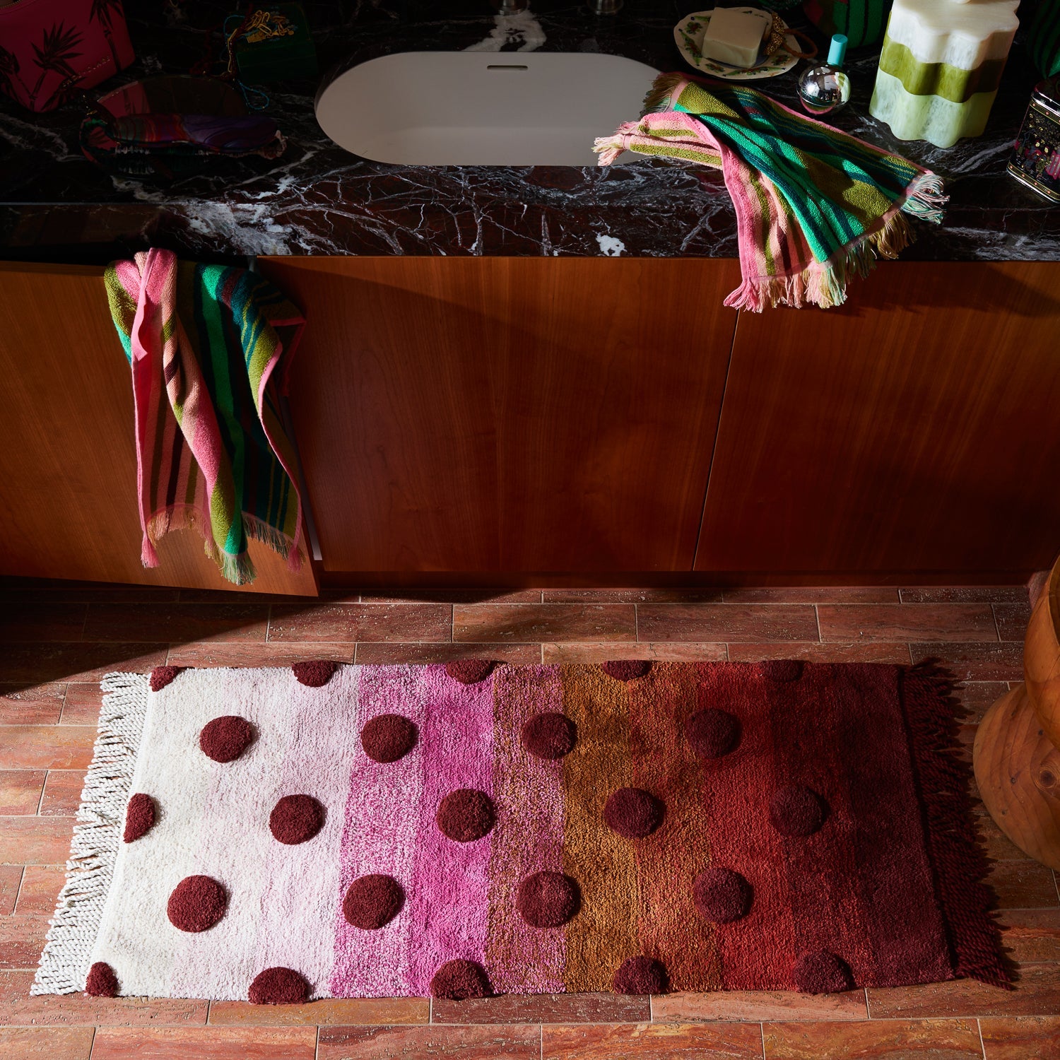 Paige Bath Runner styled in bathroom showing extra-long length perfect for double vanity placement