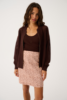 Front view of Palmer Jacket in truffle brown with open front cardigan style and textured knit pattern