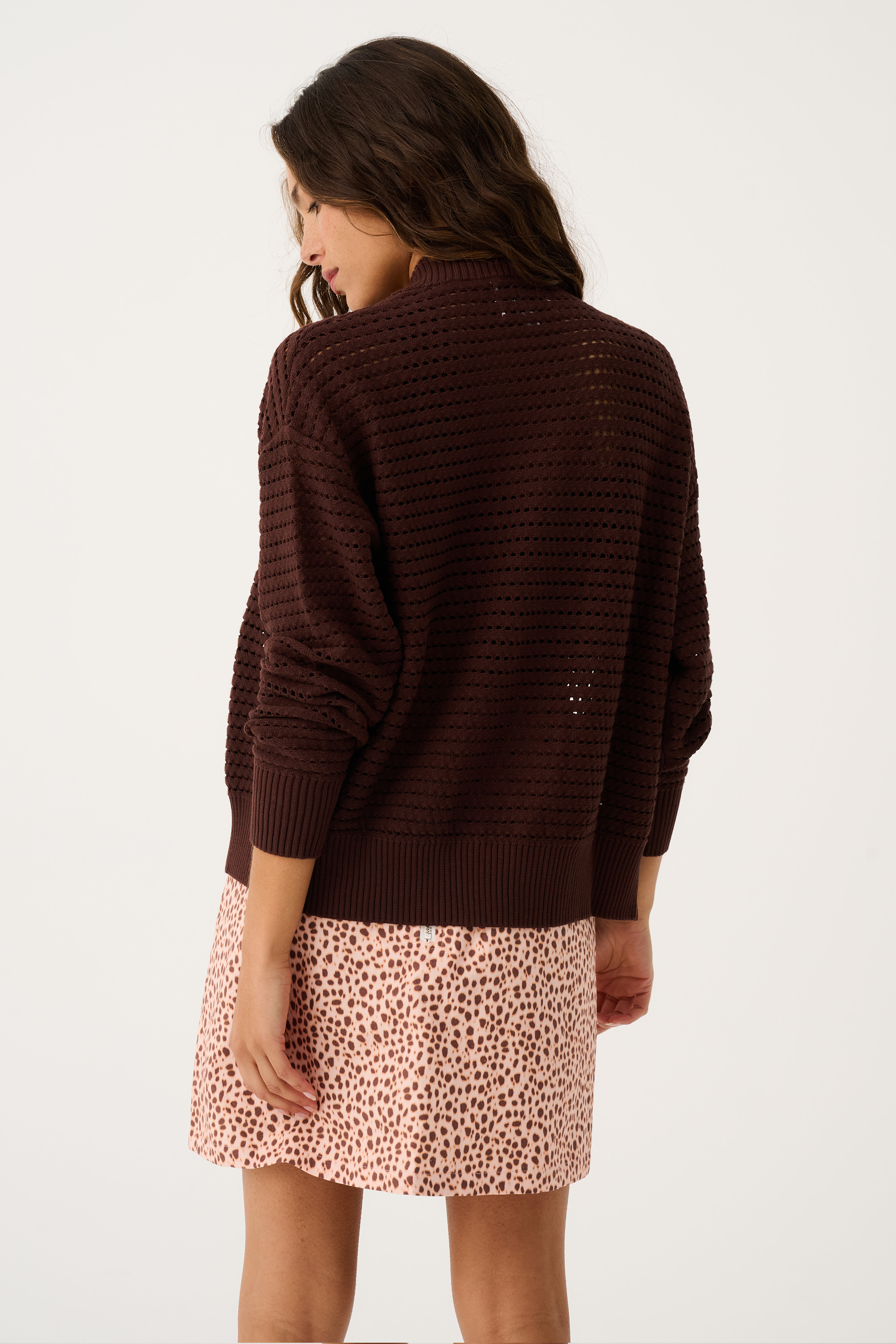 Back view of Palmer Jacket showing textured knit detail and relaxed fit in truffle brown color