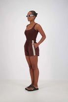 side view of model wearing Panarea Shorts – Brown by Jasmine Alexa