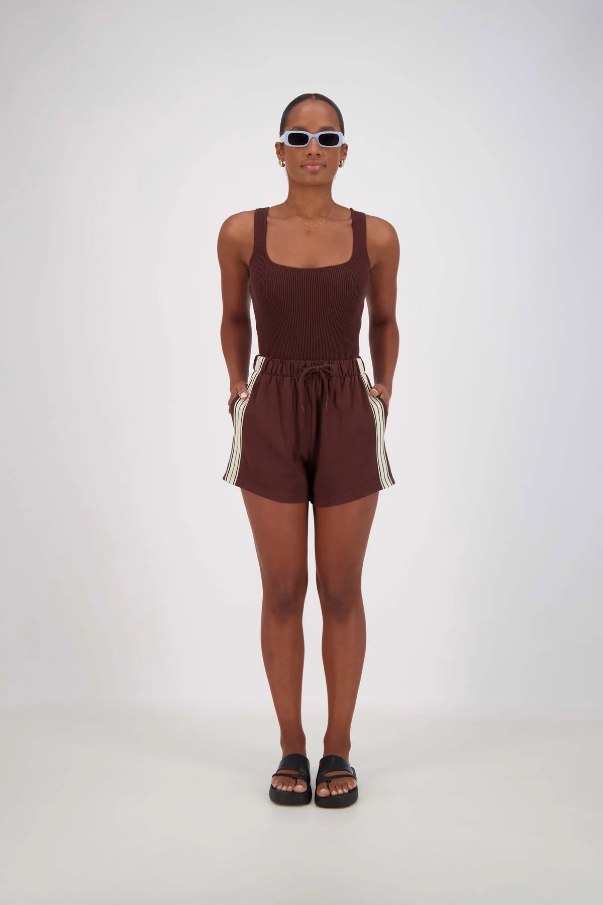 brown womens shorts with white side stripe