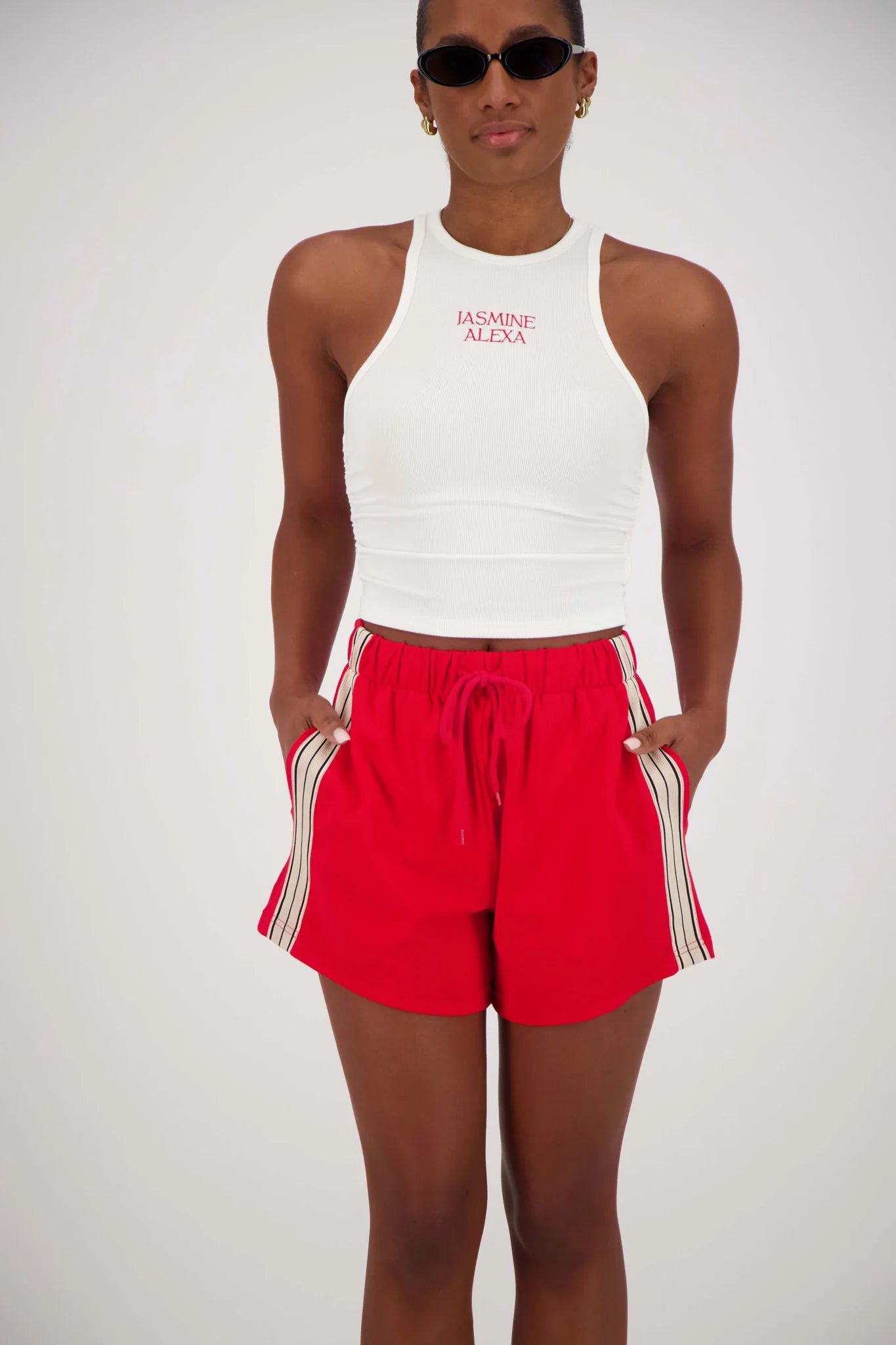 womens red shorts with white side stripe by Jasmine Alexa - made with cotton