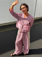 Front view of Atmosea Patchwork Over Shirt in houndstooth combo with button closure and matching pants