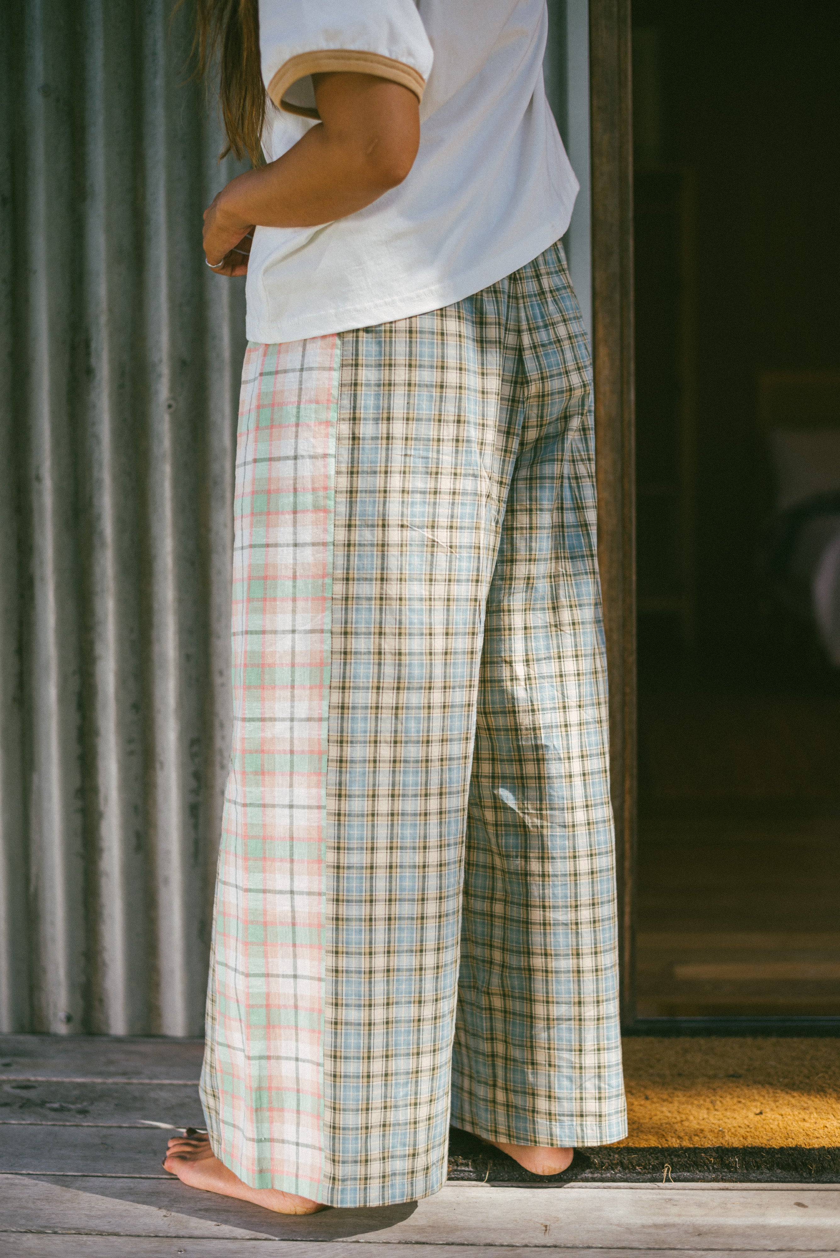 Rear view of lady wearing Patchwork Pant in Cottage Plaid | Atmosea
