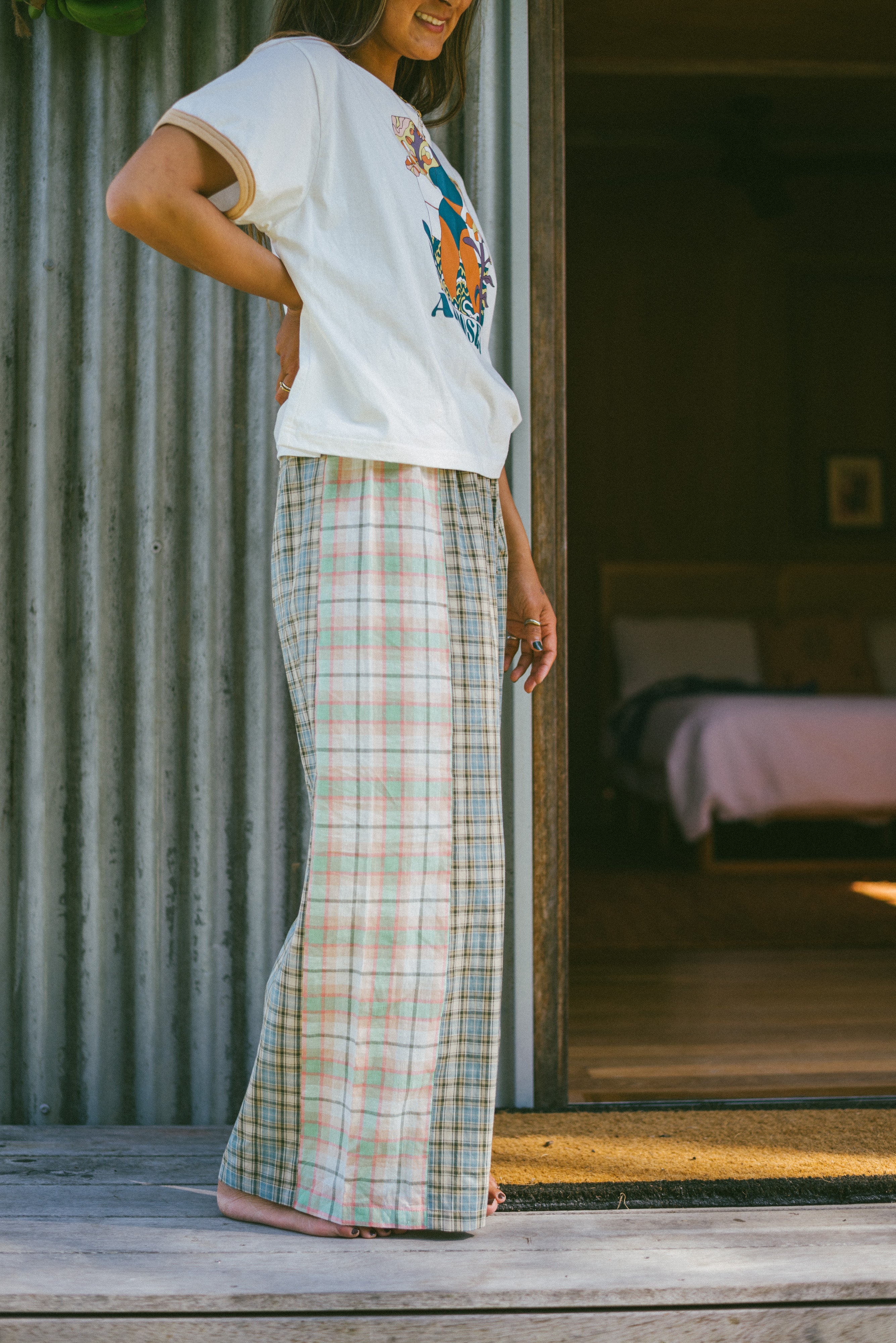 Side view of Patchwork Pant in Cottage Plaid | Atmosea