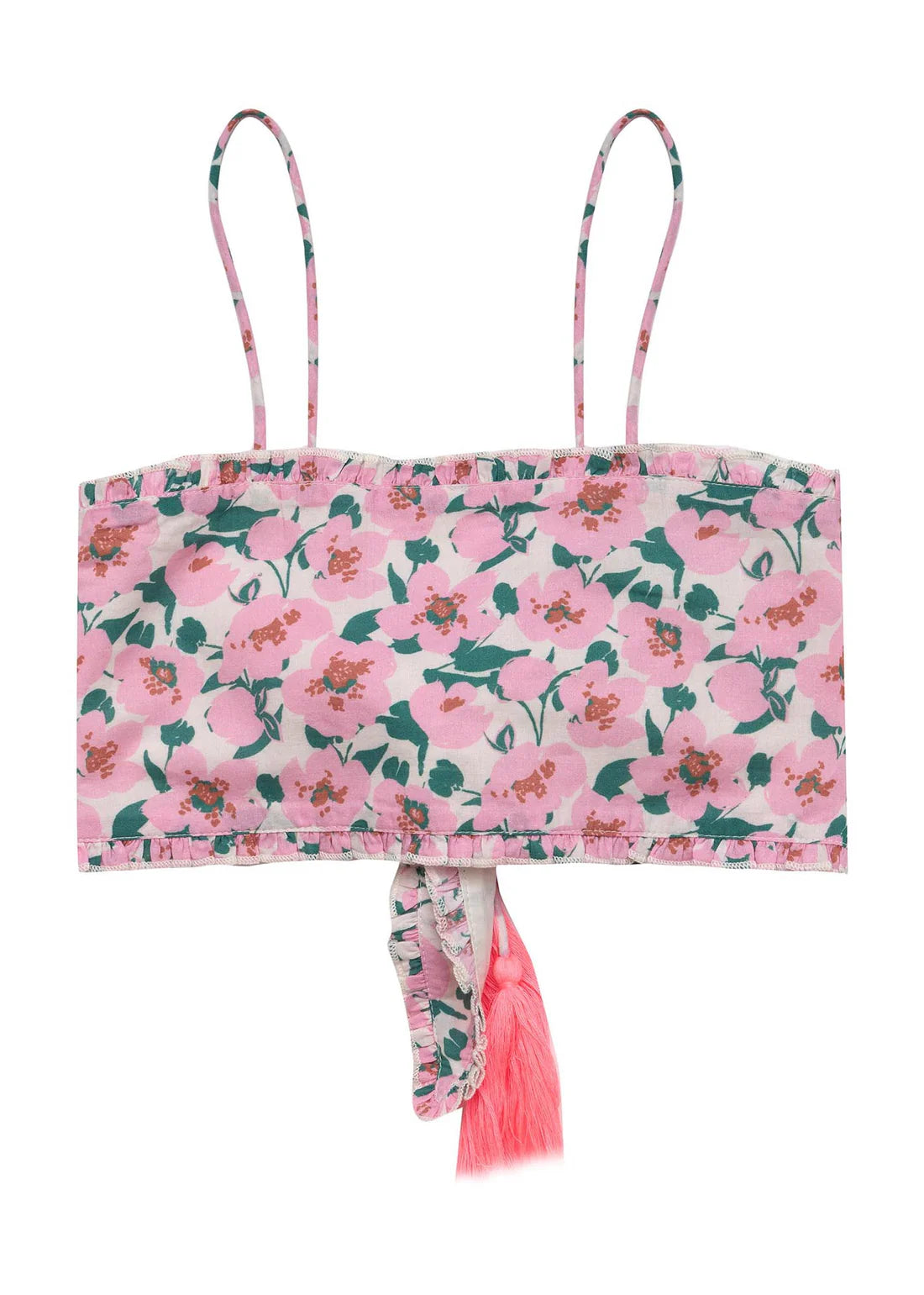 Girls wrap top in pink and green floral design with bright pink tassles. Penny Top – Sakura by Pearson & Pearson