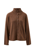 Front view of chocolate marle knit cardigan showing high neck collar and button placket on white background