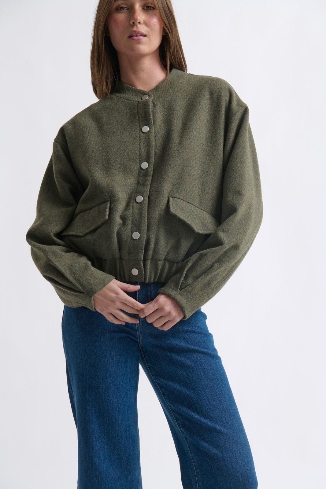 Peyton Bomber Khaki by Kireina womens relaxed fit wool blend jacket with snap button front