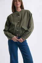 Peyton Bomber Khaki by Kireina womens relaxed fit wool blend jacket with snap button front