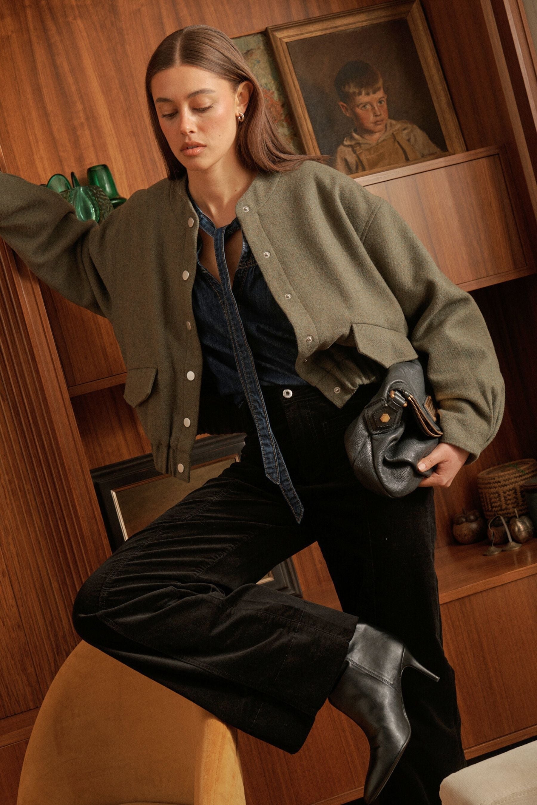 khaki Peyton Bomber jacket displaying puffed sleeves and 1950s inspired sportswear design