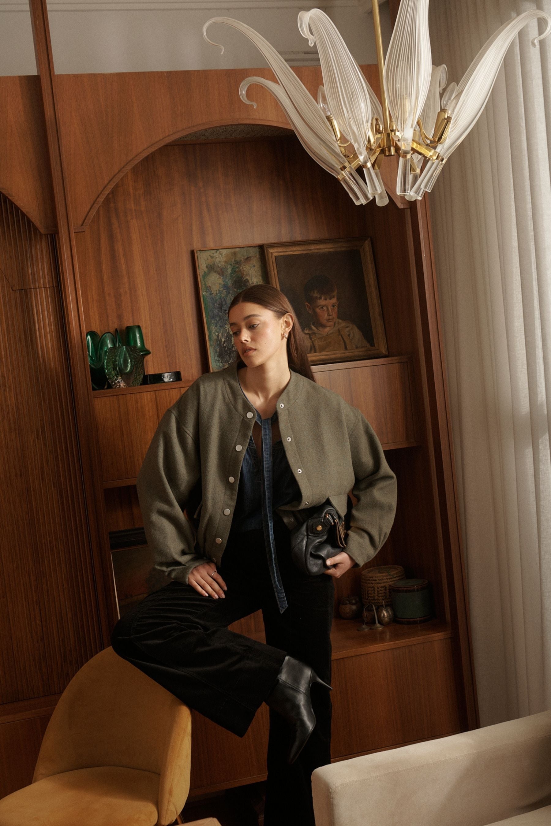 Peyton Bomber khaki jacket highlighting wool polyamide blend fabric texture