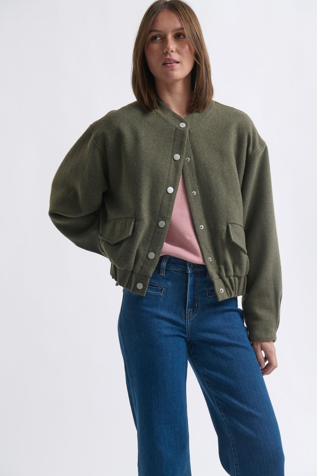fully lined Peyton Bomber jacket in khaki by Kireina fashion brand