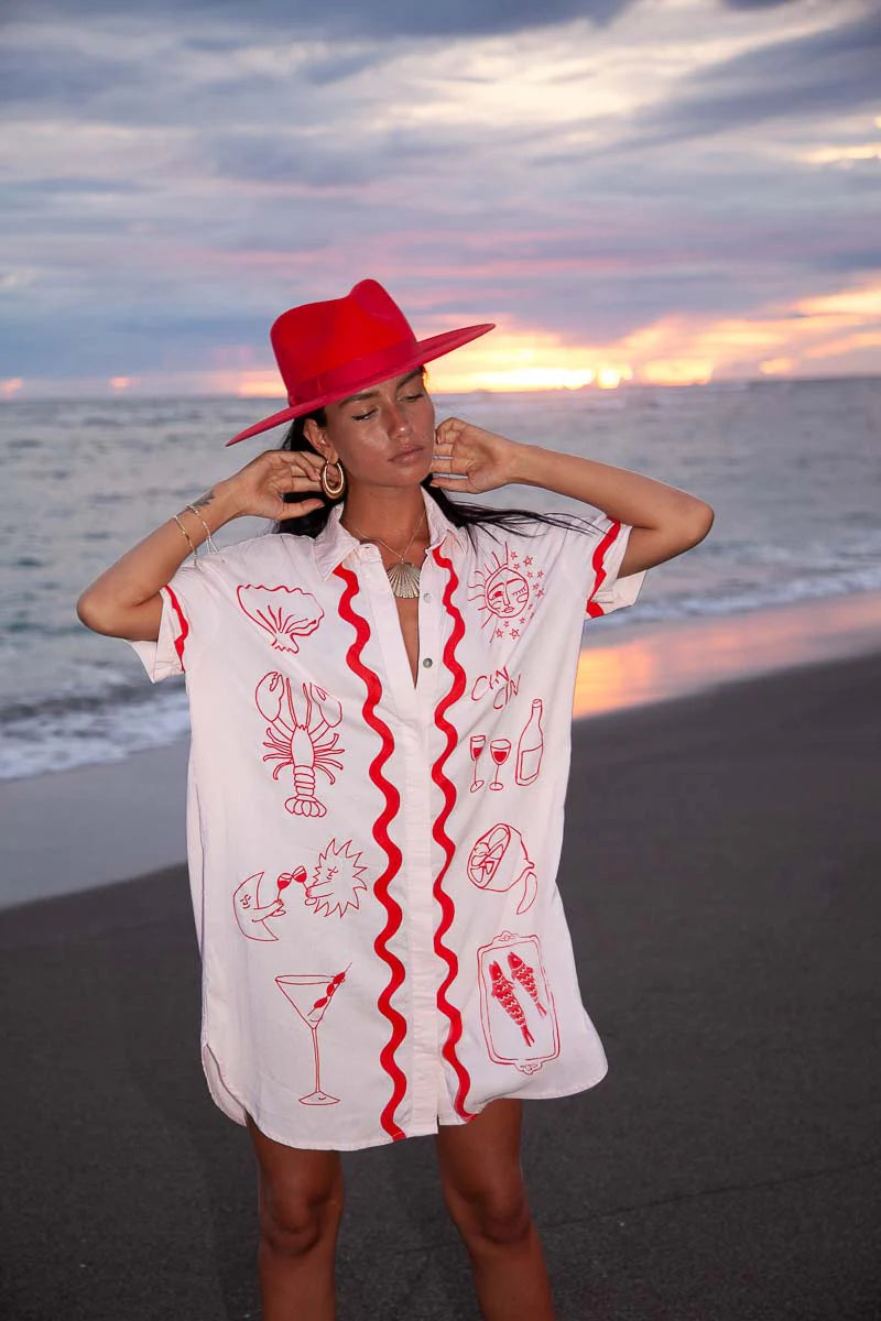 pale pink tshirt dress with red details by Palm Collective