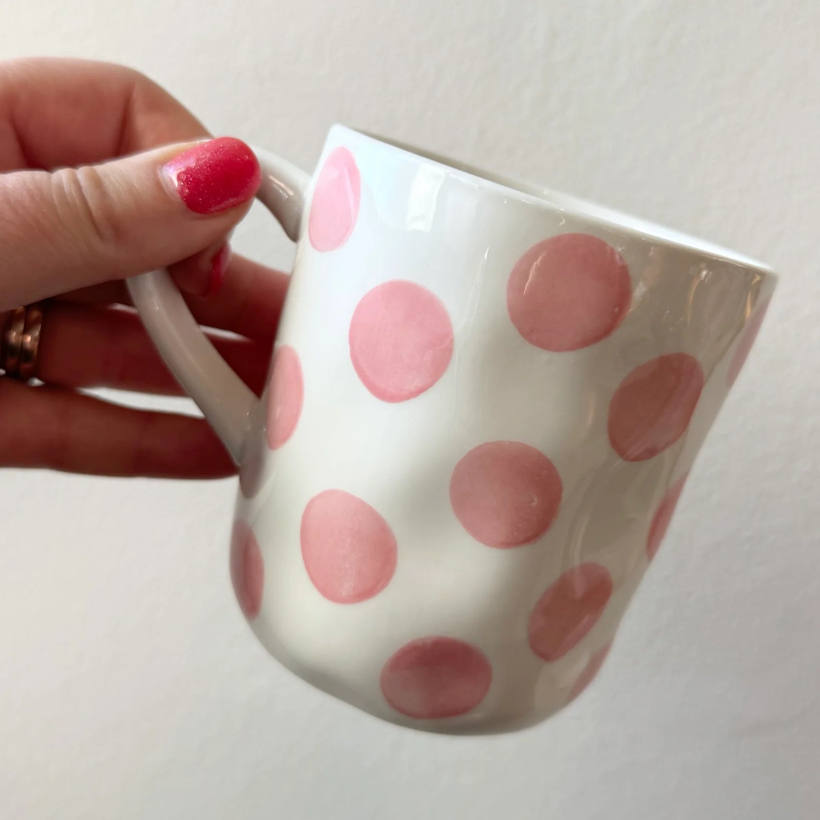 Pink spot mug from Noss and co perfect for your morning cuppa