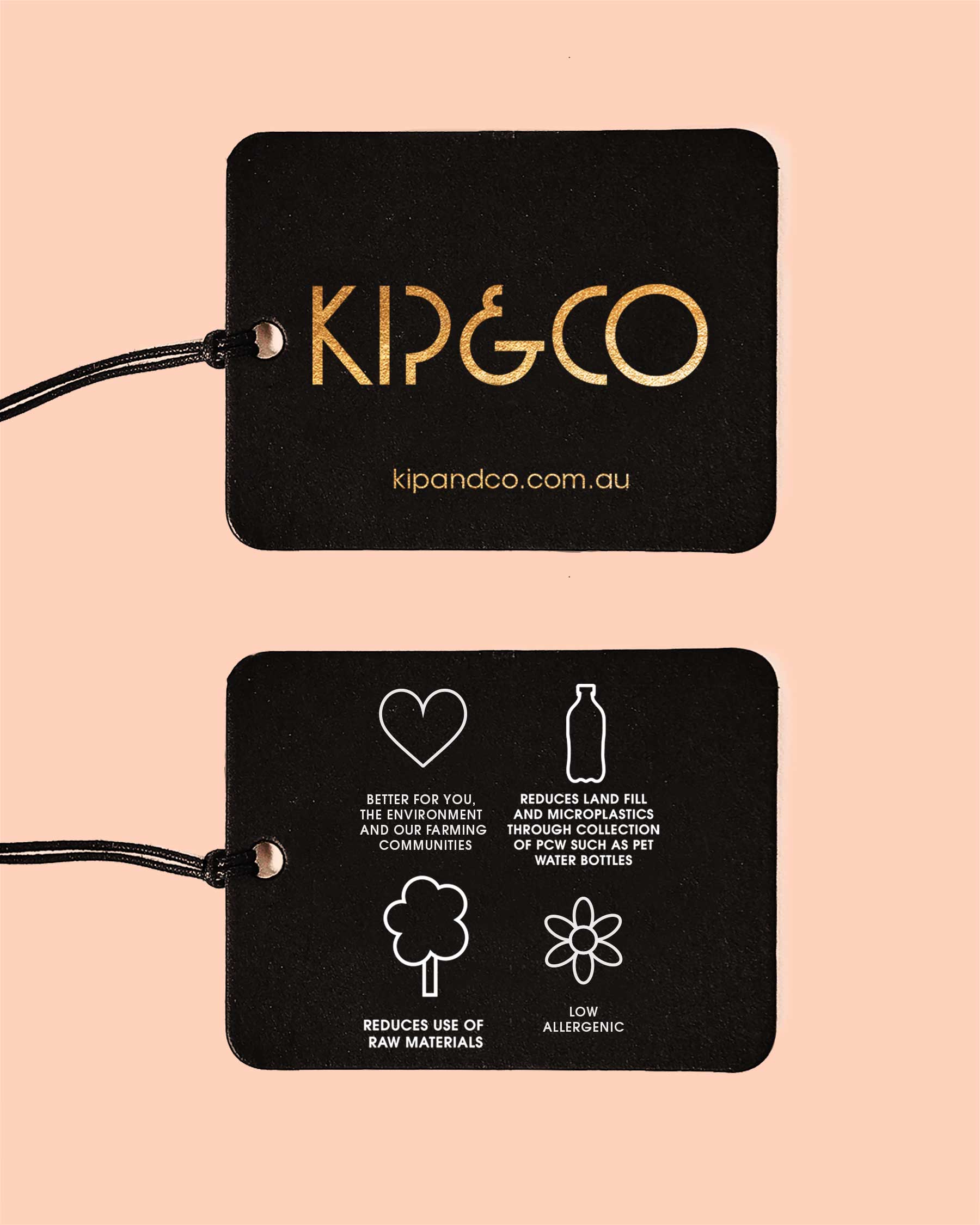 Product tags showing sustainable materials and eco-friendly features