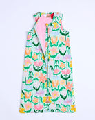 Flat lay of Kip & Co Popping Flowers Green Sleep Bag showing full zipper and floral pattern