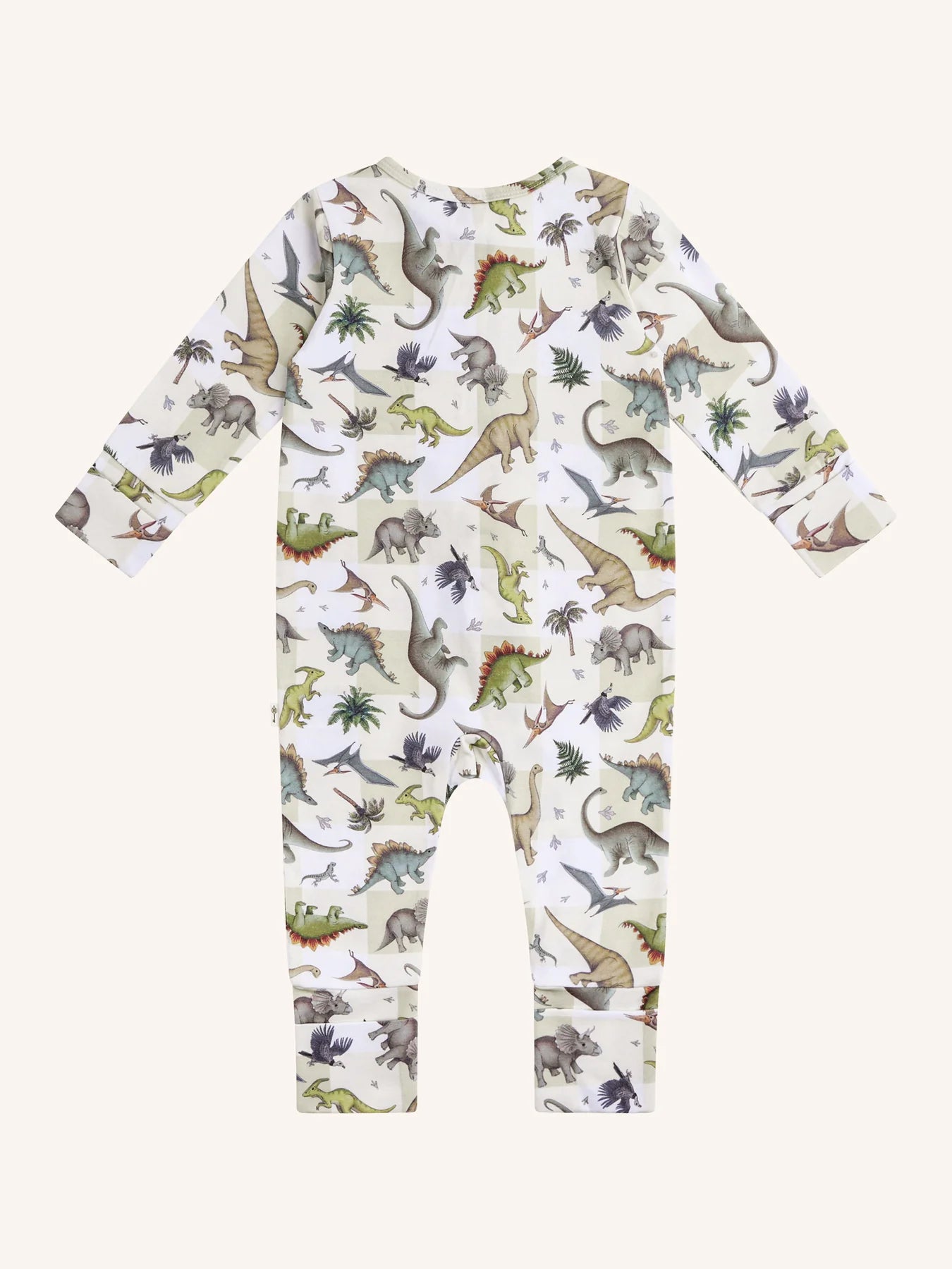back view lay flat of 'Prehistorica' Timeless Coverall - Avocado by Fleur Harris