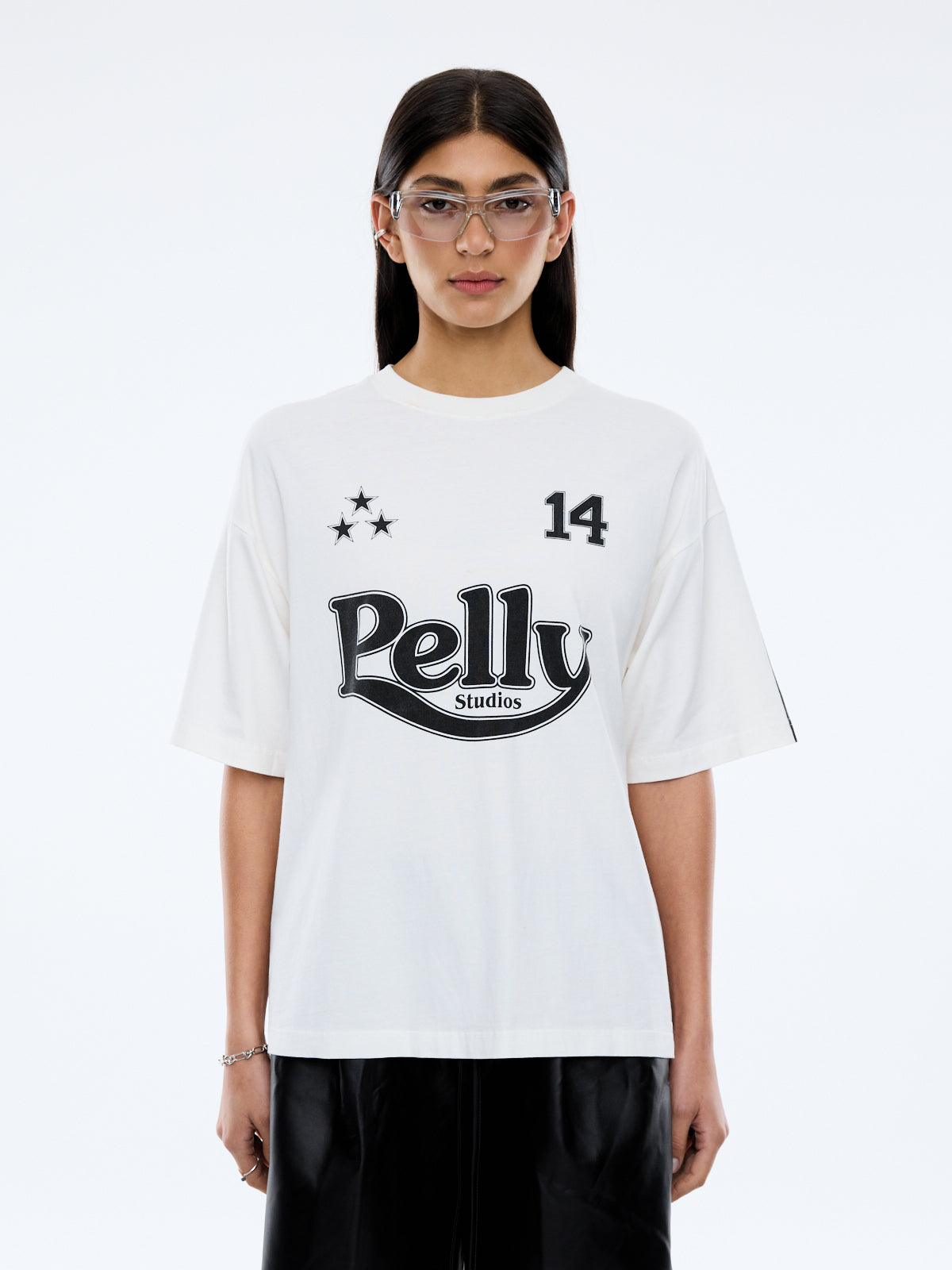 Ena Pelly Racing Pelly Swoop vintage white t-shirt product packaging and sizing label information