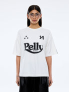 Ena Pelly Racing Pelly Swoop vintage white t-shirt product packaging and sizing label information